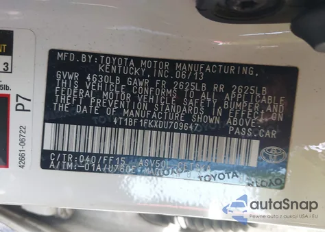 2013 Toyota Camry Se из США, поврежденный, VIN 4T1BF1FKXDU709647